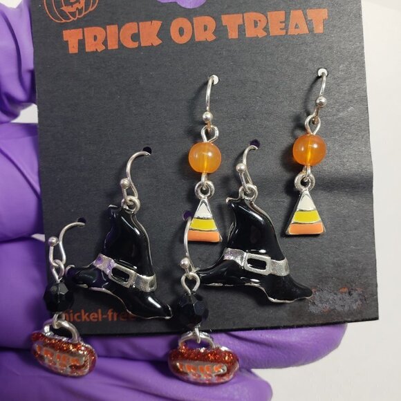 Halloween Luxe Trio: Candy Corn, Witch Hat & Trick-or-Treat Bucket Earrings - Picture 9 of 10